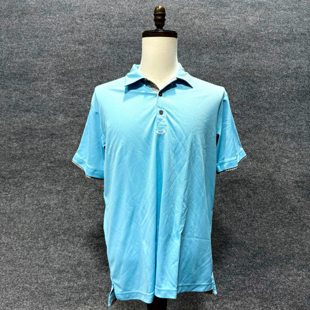 Oakley Mens Blue Golf Polo Shirt Plaid Trim Short Sleeve Performance